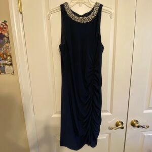 Navy Midi Dress with Embellished Neckline
